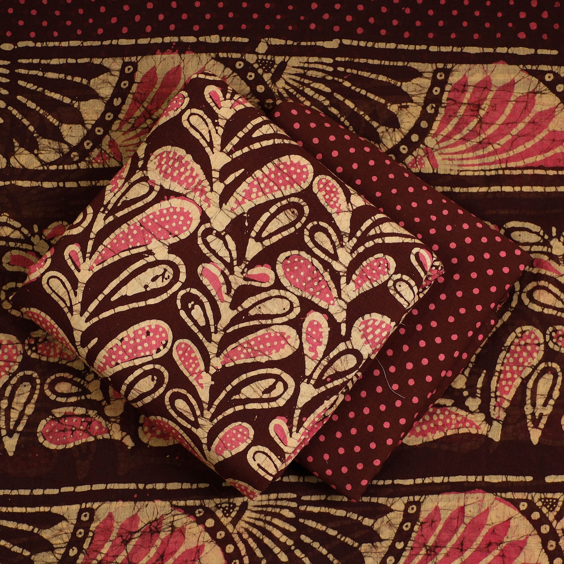 Brown - 3pc Cotton Kutch Batik Print Dress Material 163