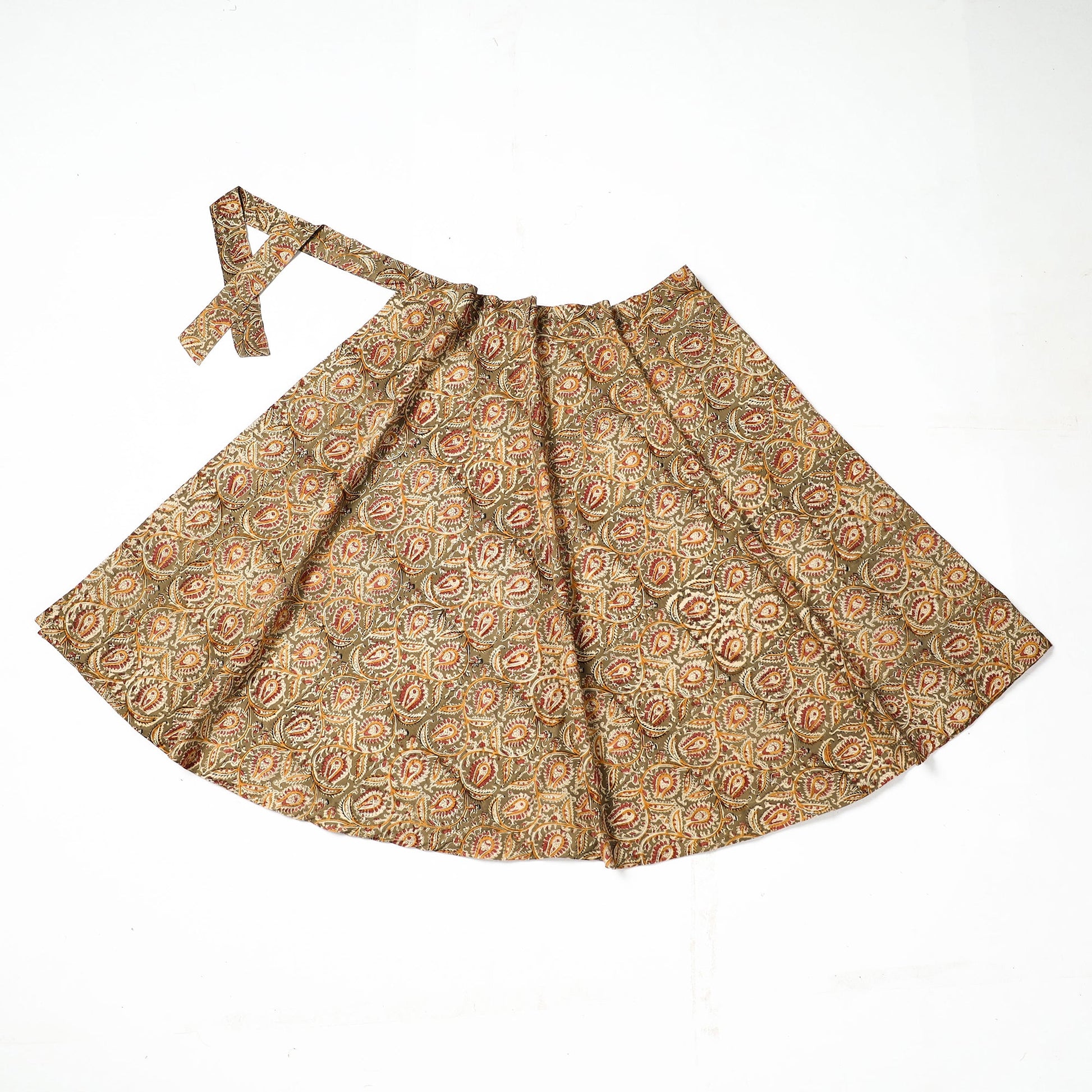 Brown - Kalamkari Block Printed Cotton Wrap Around Skirt