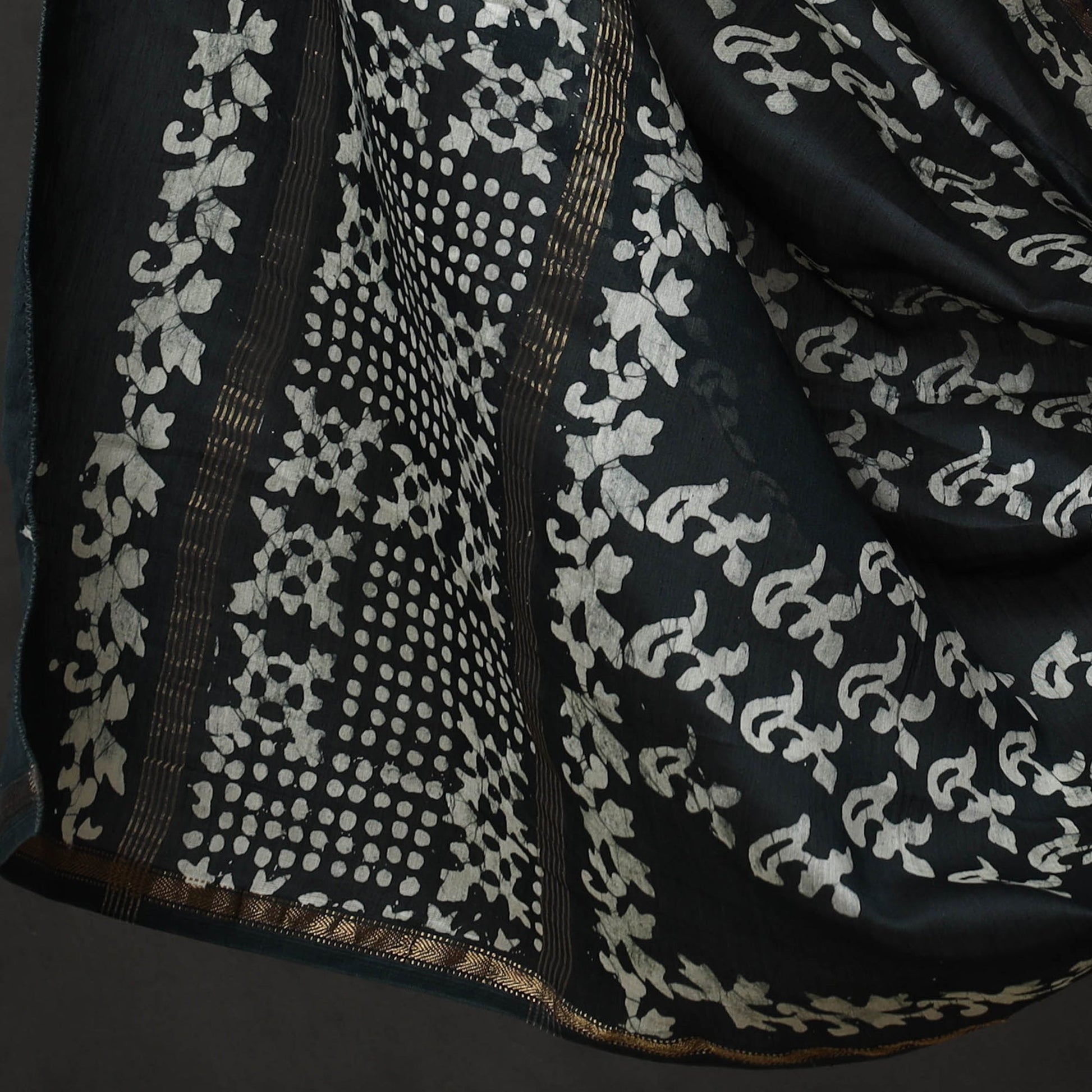 Black - 3pc Chanderi Silk Hand Batik Print Dress Material 37