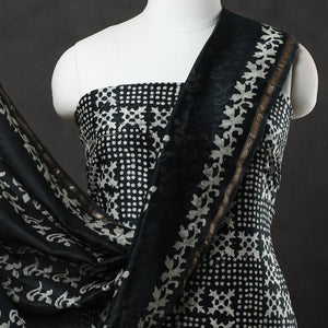 Black - 3pc Chanderi Silk Hand Batik Print Dress Material 37