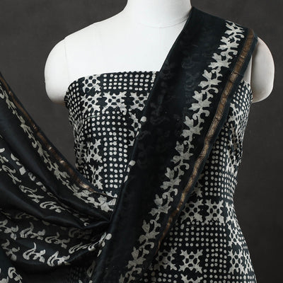 Black - 3pc Chanderi Silk Hand Batik Print Dress Material 37