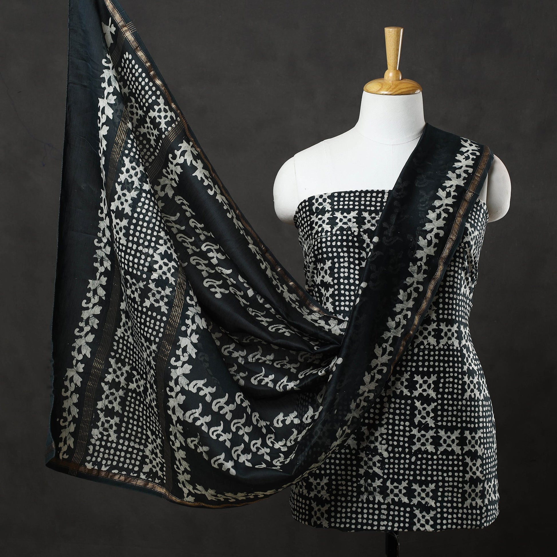 Black - 3pc Chanderi Silk Hand Batik Print Dress Material 37