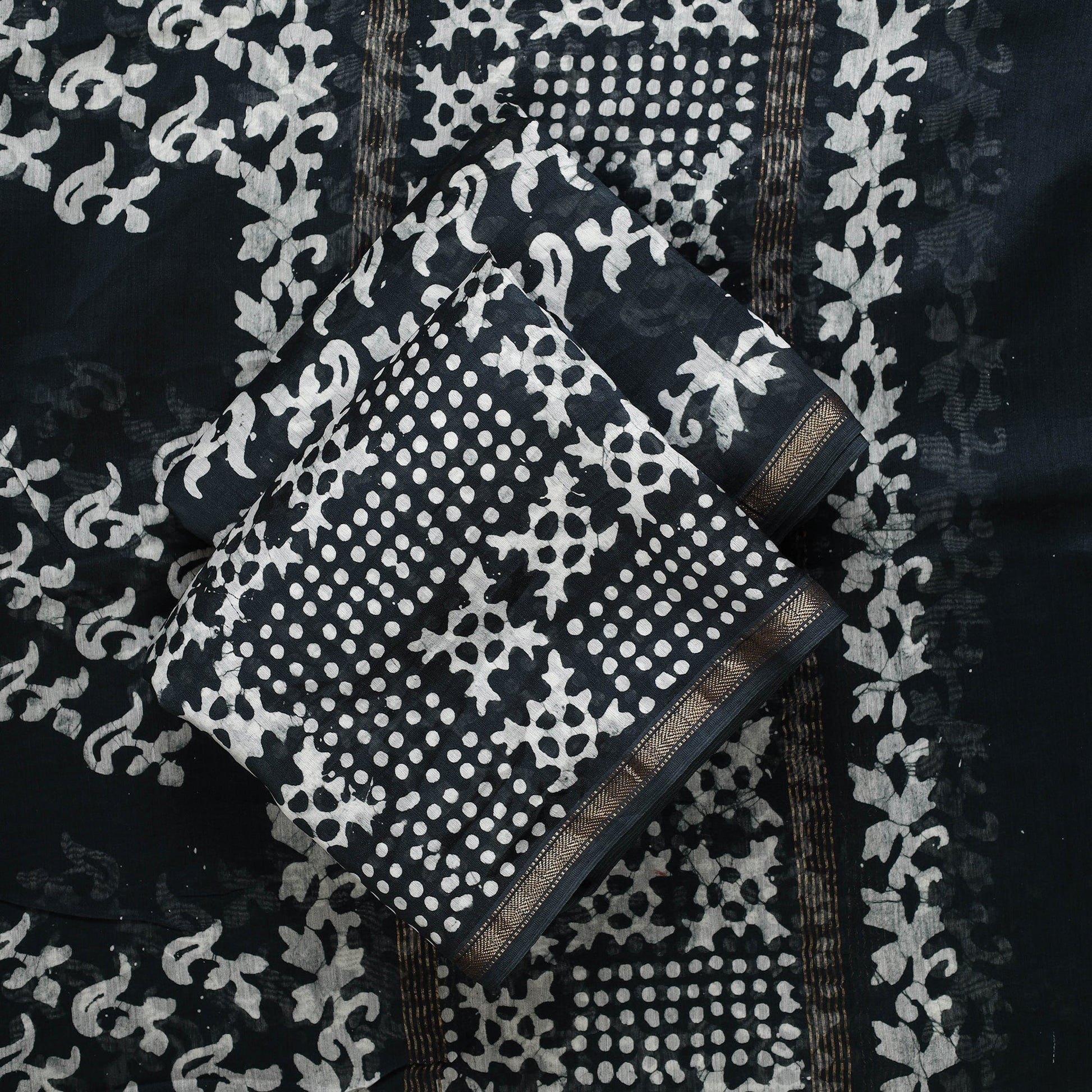 Black - 3pc Chanderi Silk Hand Batik Print Dress Material 37