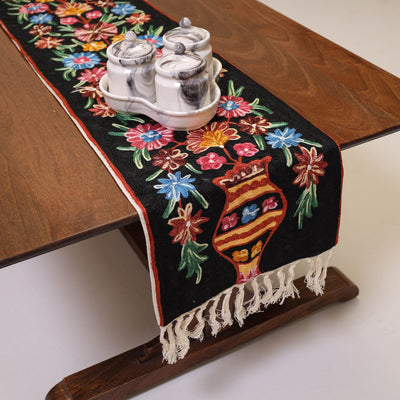 Black - Original Crewel Wool Hand Embroidery Table Runner (69 x 12 in) 01