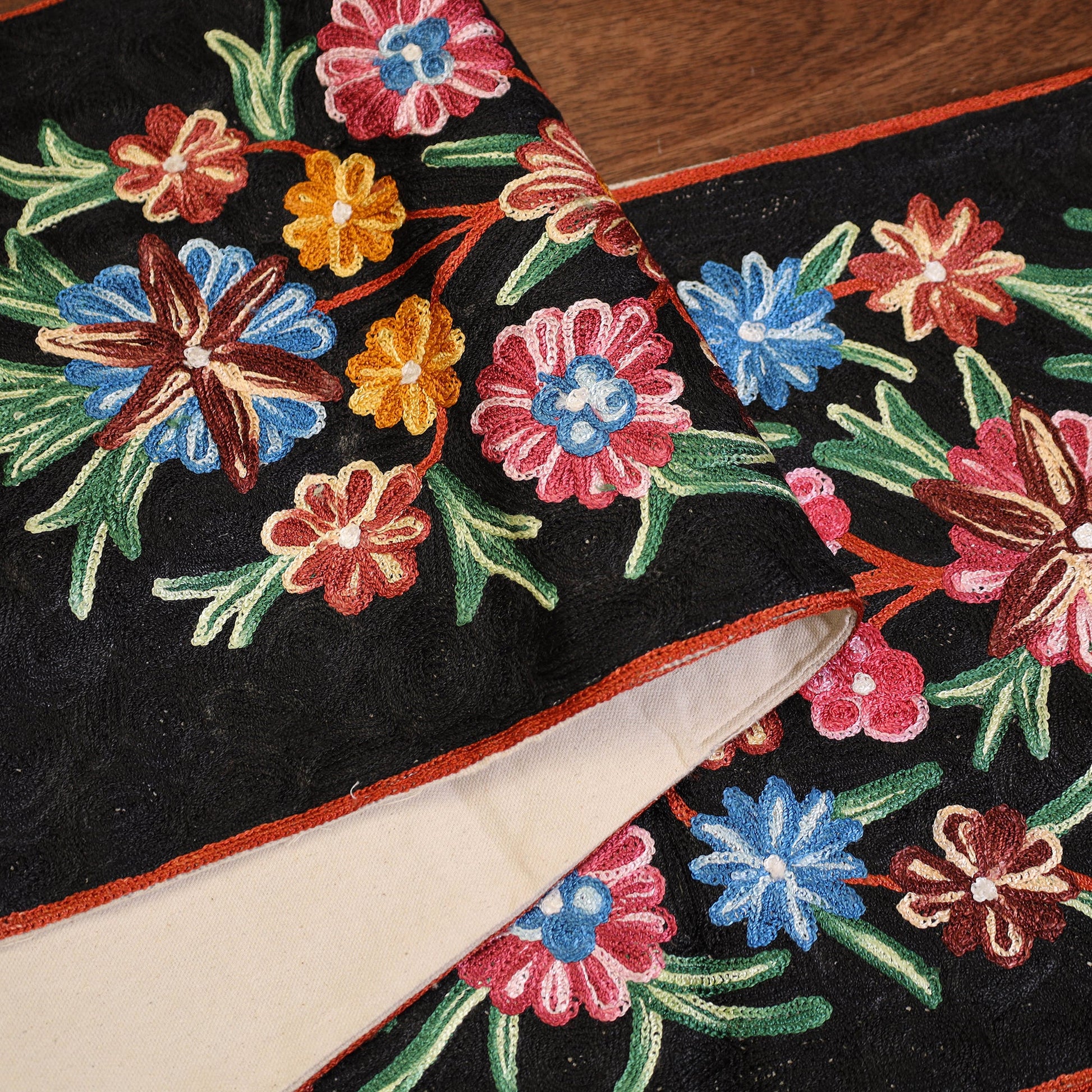 Black - Original Crewel Wool Hand Embroidery Table Runner (69 x 12 in) 01