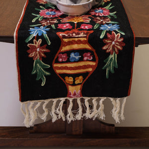 Black - Original Crewel Wool Hand Embroidery Table Runner (69 x 12 in) 01
