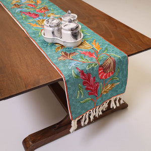 Aqua Blue - Original Crewel Wool Hand Embroidery Table Runner (69 x 12 in) 04