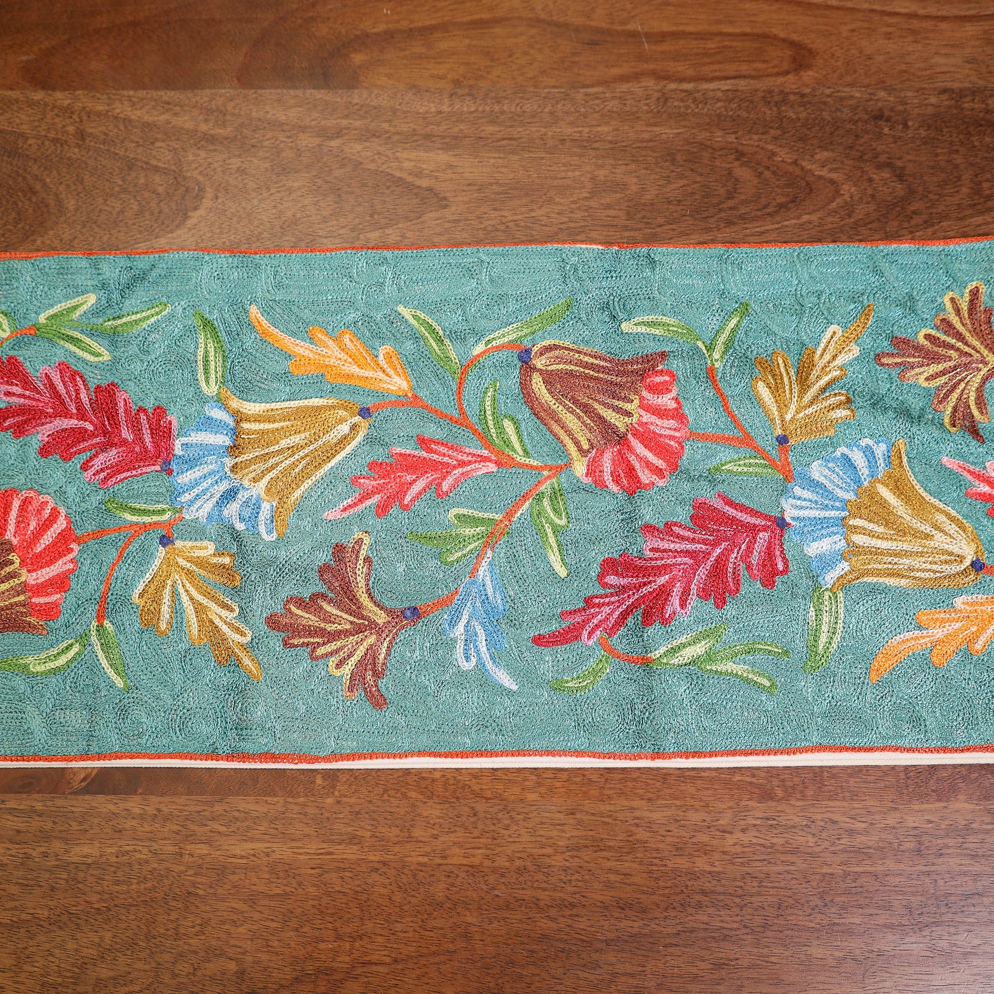 Aqua Blue - Original Crewel Wool Hand Embroidery Table Runner (69 x 12 in) 04