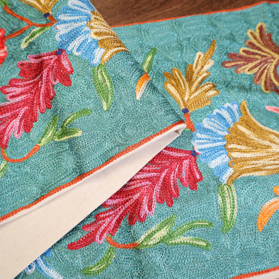 Aqua Blue - Original Crewel Wool Hand Embroidery Table Runner (69 x 12 in) 04