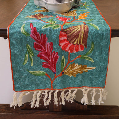 Aqua Blue - Original Crewel Wool Hand Embroidery Table Runner (69 x 12 in) 04