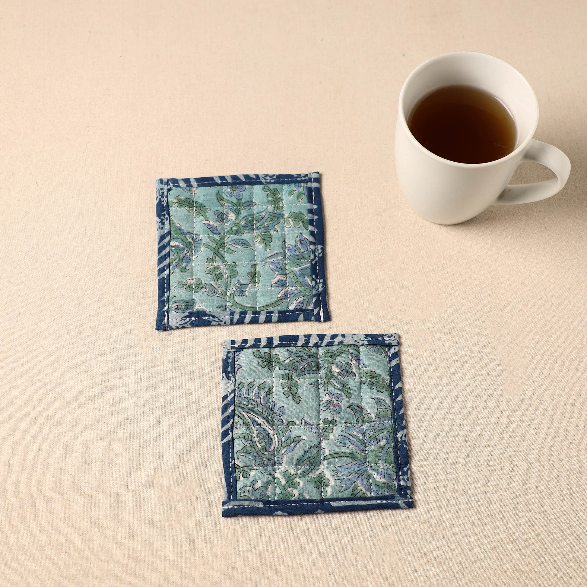 Blue - Floral Print Cotton Quilted Coasters (Set of 2) 02