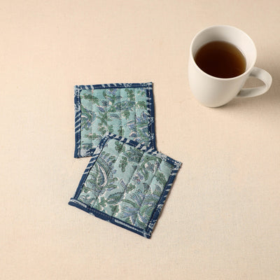 Blue - Floral Print Cotton Quilted Coasters (Set of 2) 02