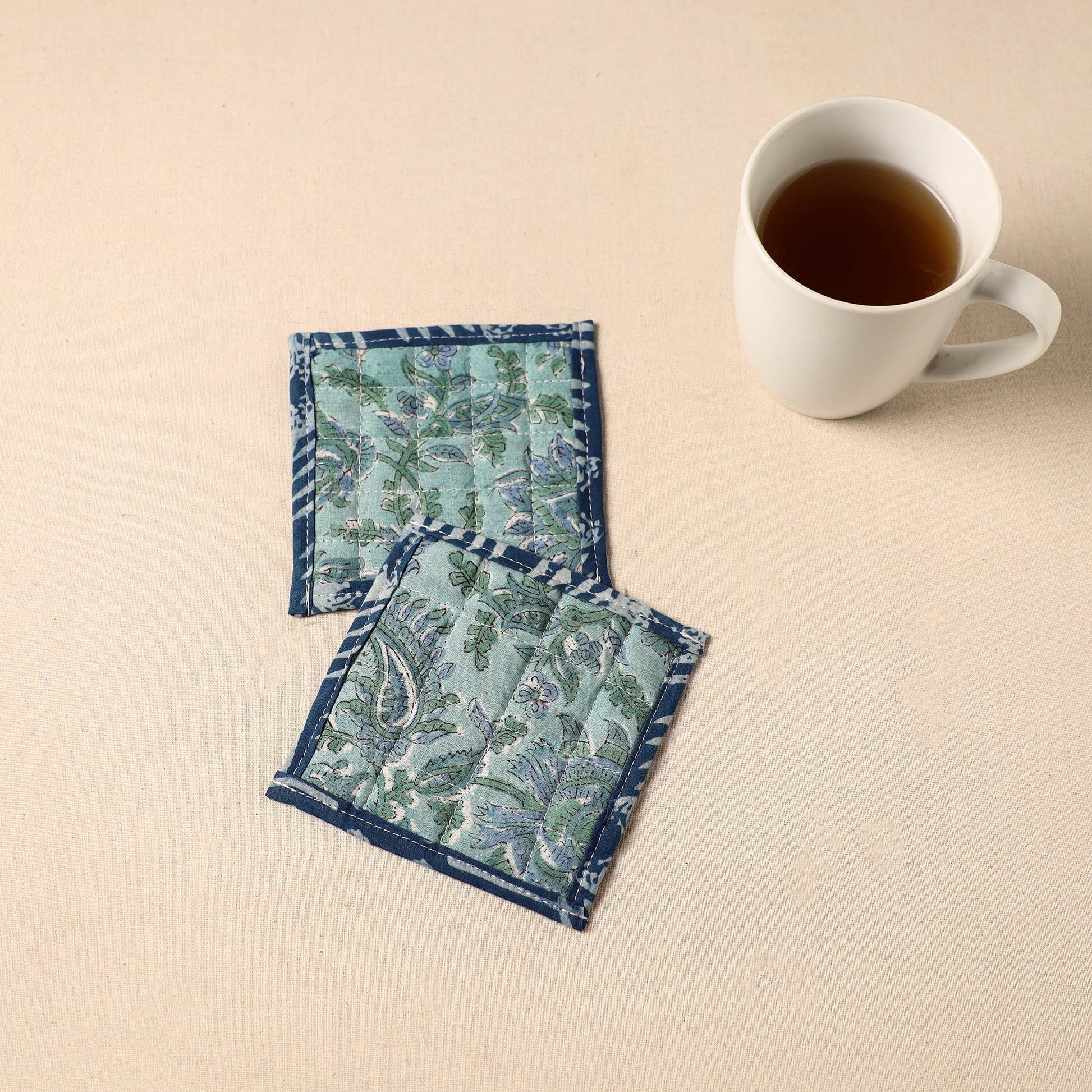 Blue - Floral Print Cotton Quilted Coasters (Set of 2) 02
