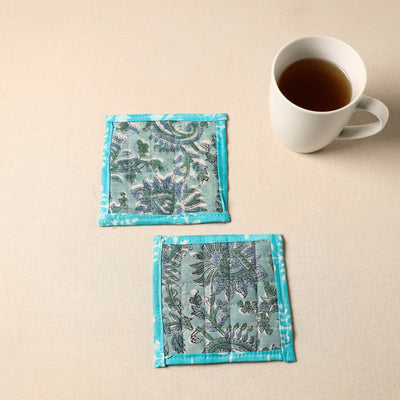 Blue - Floral Print Cotton Quilted Coasters (Set of 2) 04