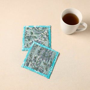 Blue - Floral Print Cotton Quilted Coasters (Set of 2) 04
