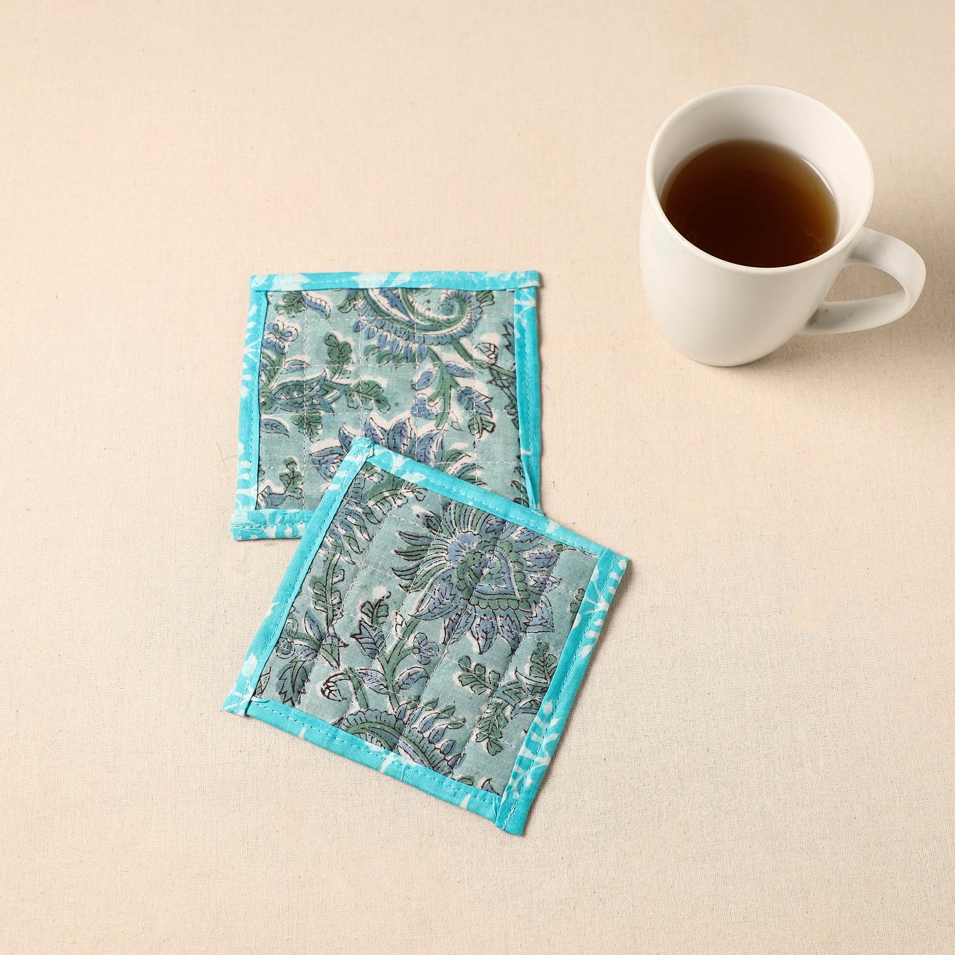Blue - Floral Print Cotton Quilted Coasters (Set of 2) 04
