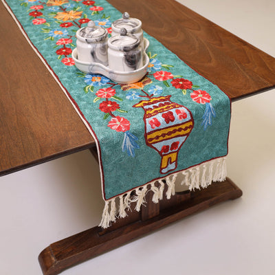Aqua Blue - Original Mulberry Silk Crewel Hand Embroidery Table Runner (60 x 12 in) 10