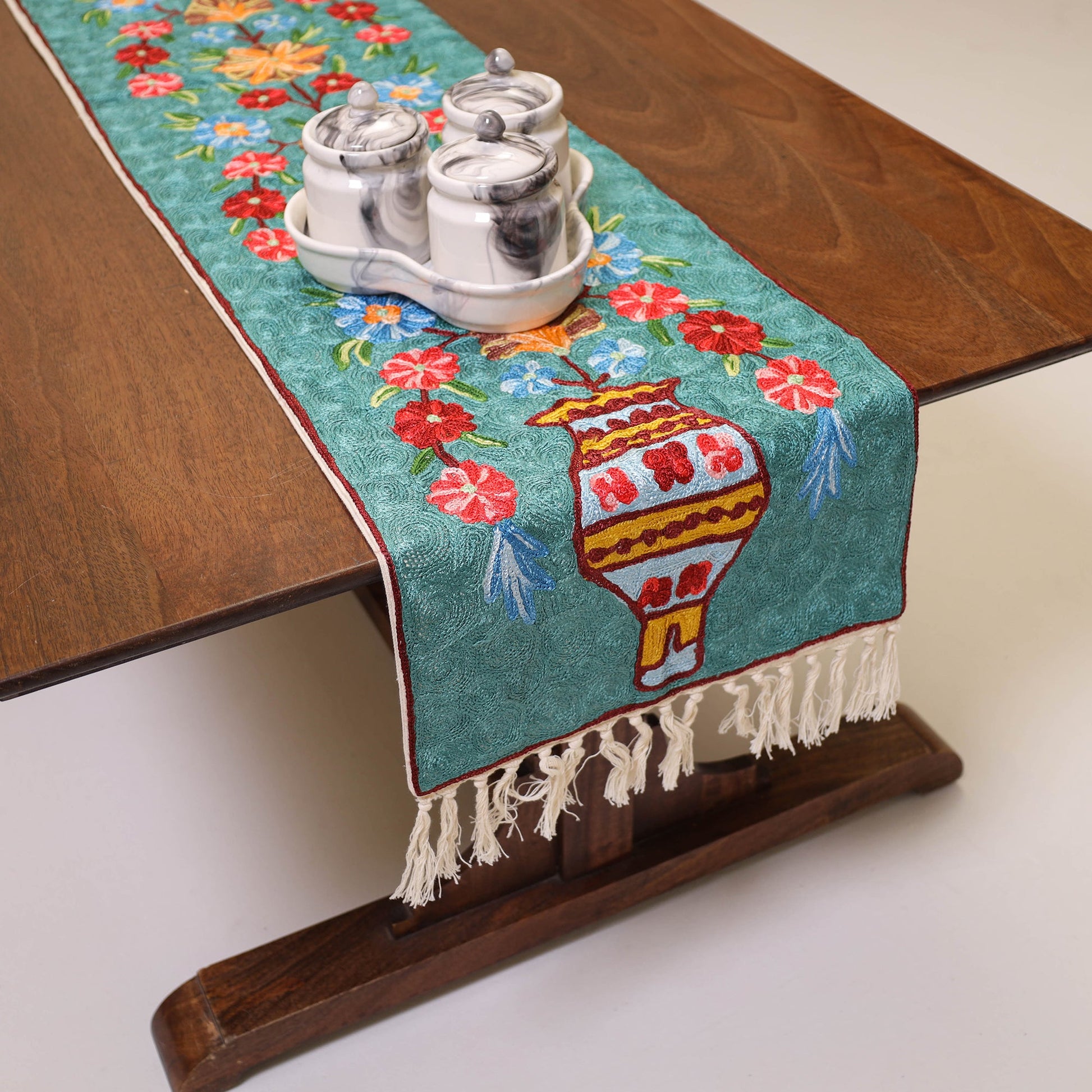 Aqua Blue - Original Mulberry Silk Crewel Hand Embroidery Table Runner (60 x 12 in) 10