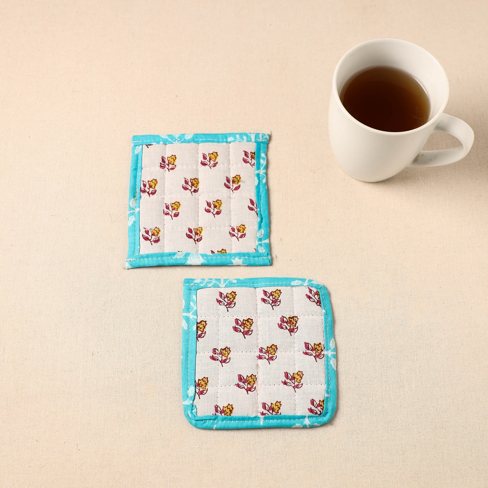 Blue - Floral Print Cotton Quilted Coasters (Set of 2) 05
