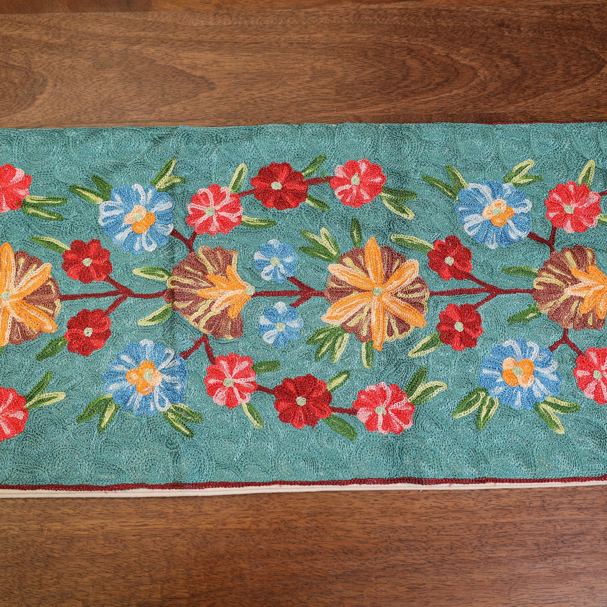 Aqua Blue - Original Mulberry Silk Crewel Hand Embroidery Table Runner (60 x 12 in) 10
