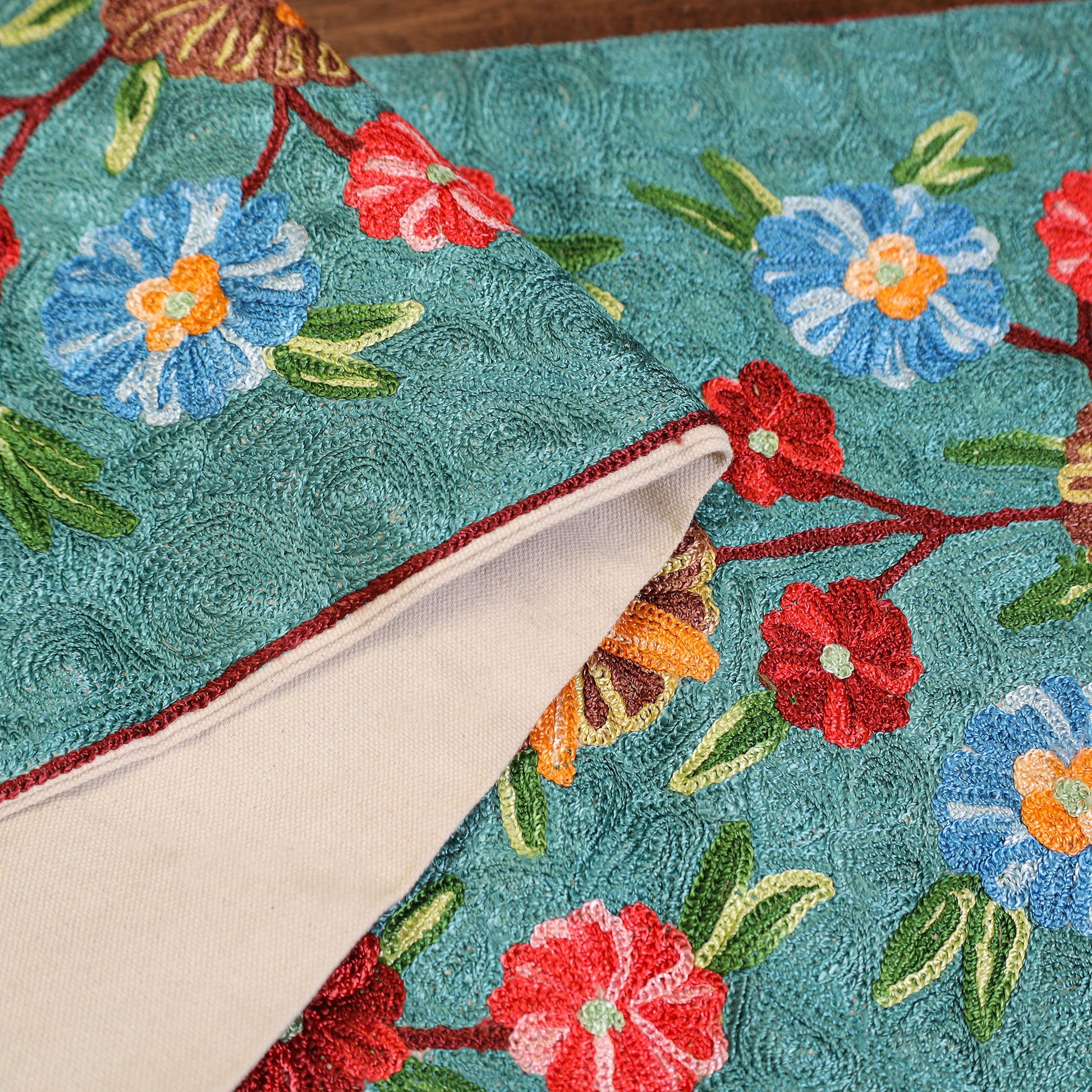 Aqua Blue - Original Mulberry Silk Crewel Hand Embroidery Table Runner (60 x 12 in) 10