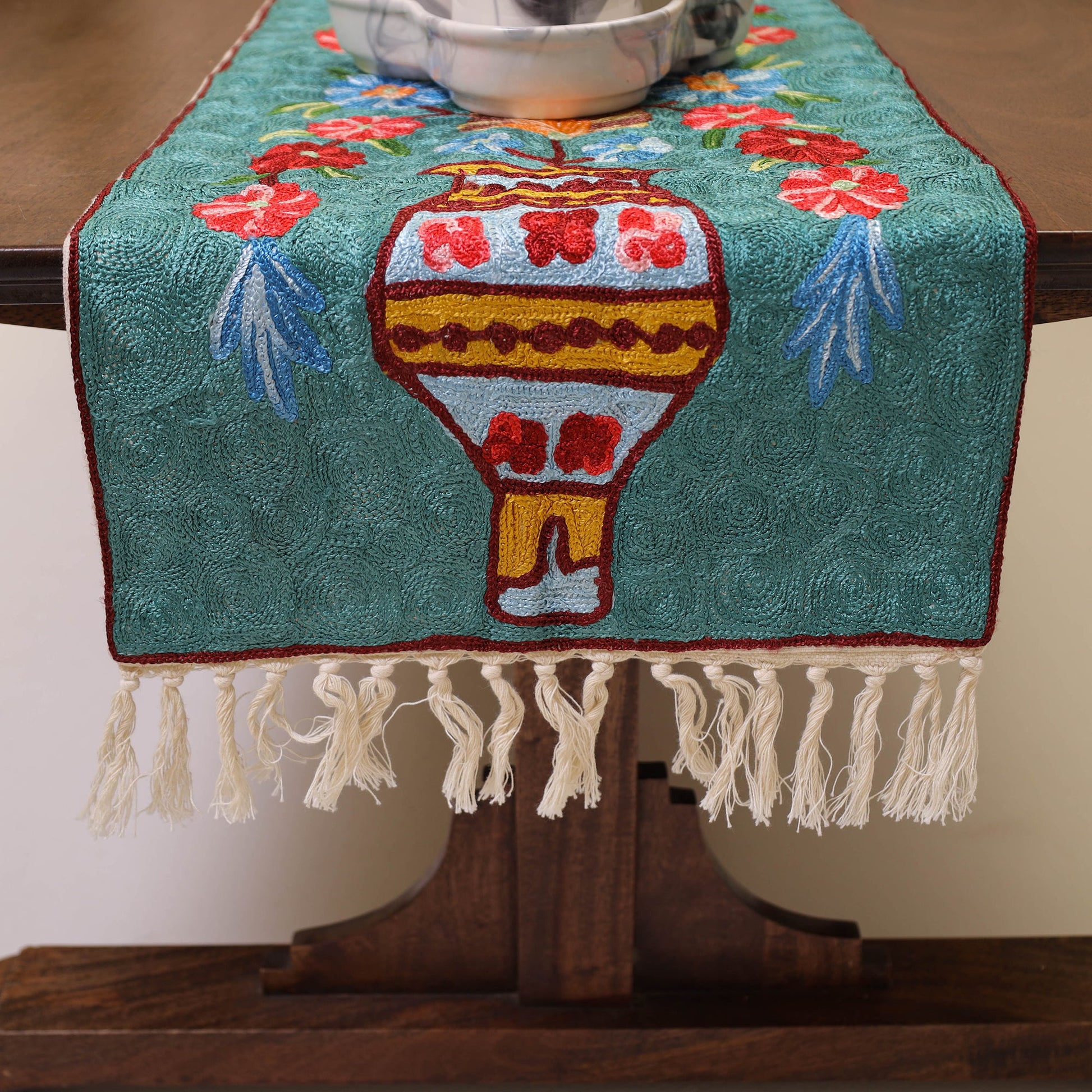Aqua Blue - Original Mulberry Silk Crewel Hand Embroidery Table Runner (60 x 12 in) 10