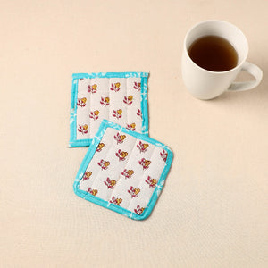 Blue - Floral Print Cotton Quilted Coasters (Set of 2) 05