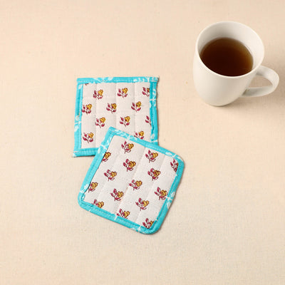 Blue - Floral Print Cotton Quilted Coasters (Set of 2) 05