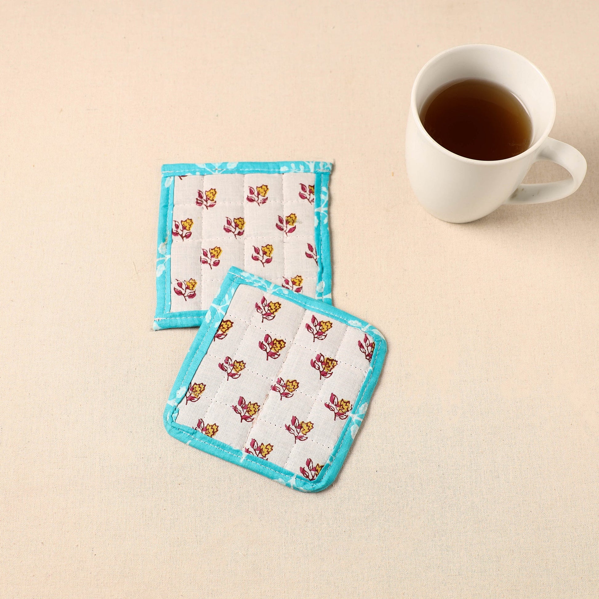 Blue - Floral Print Cotton Quilted Coasters (Set of 2) 05