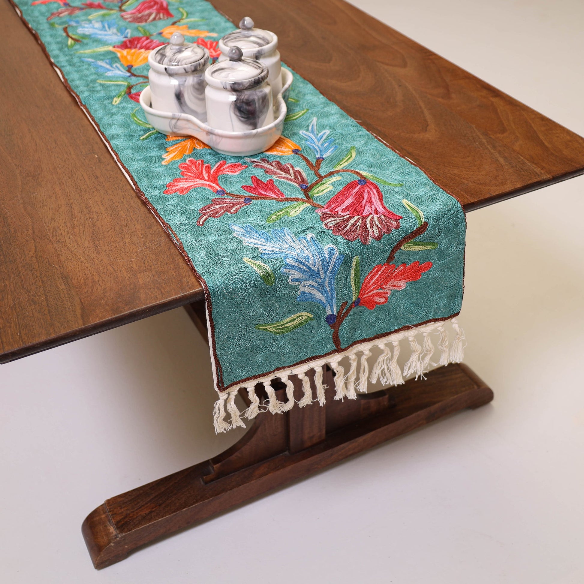 Aqua Blue - Original Crewel Wool Hand Embroidery Table Runner (69 x 12 in) 15