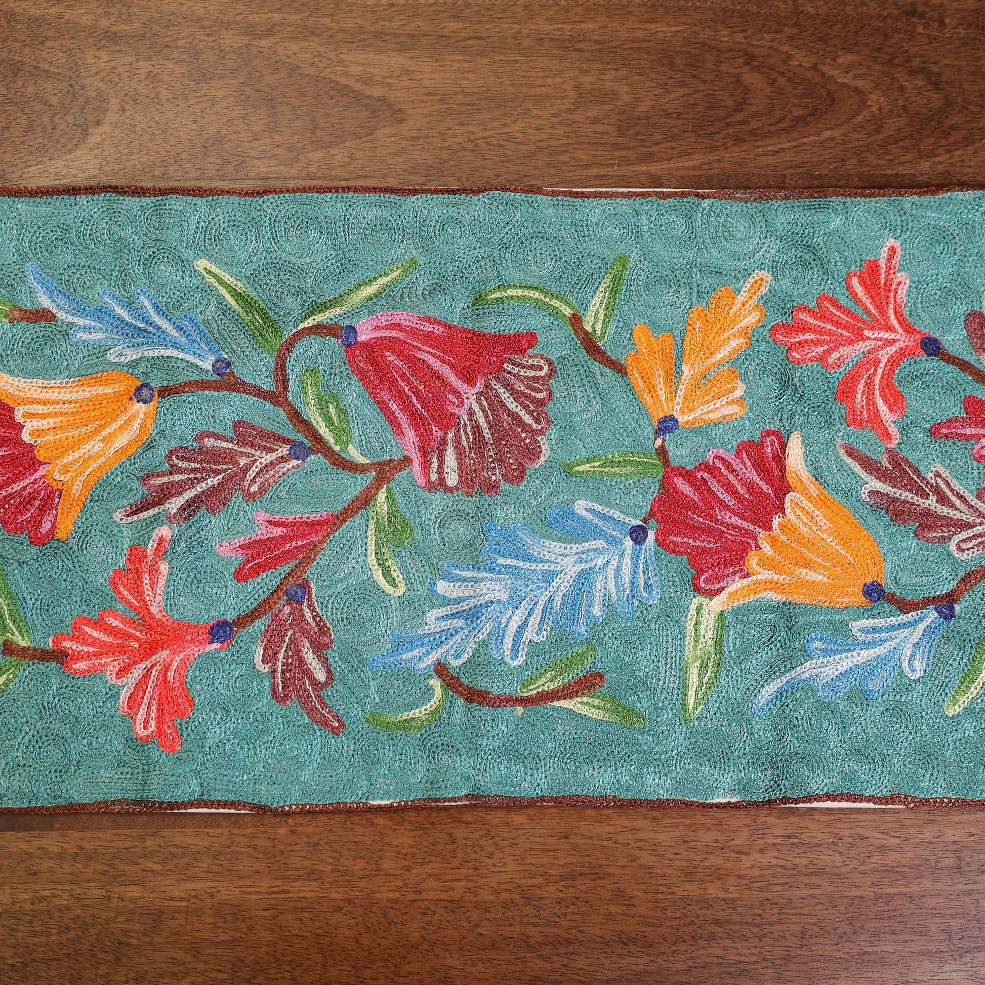 Aqua Blue - Original Crewel Wool Hand Embroidery Table Runner (69 x 12 in) 15