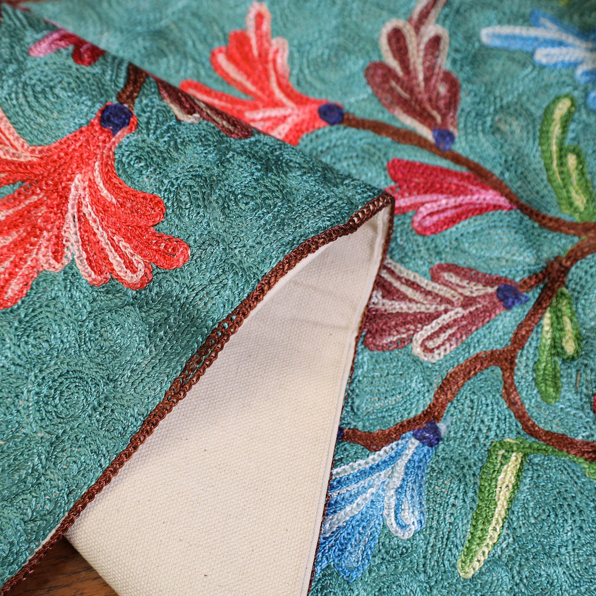 Aqua Blue - Original Crewel Wool Hand Embroidery Table Runner (69 x 12 in) 15