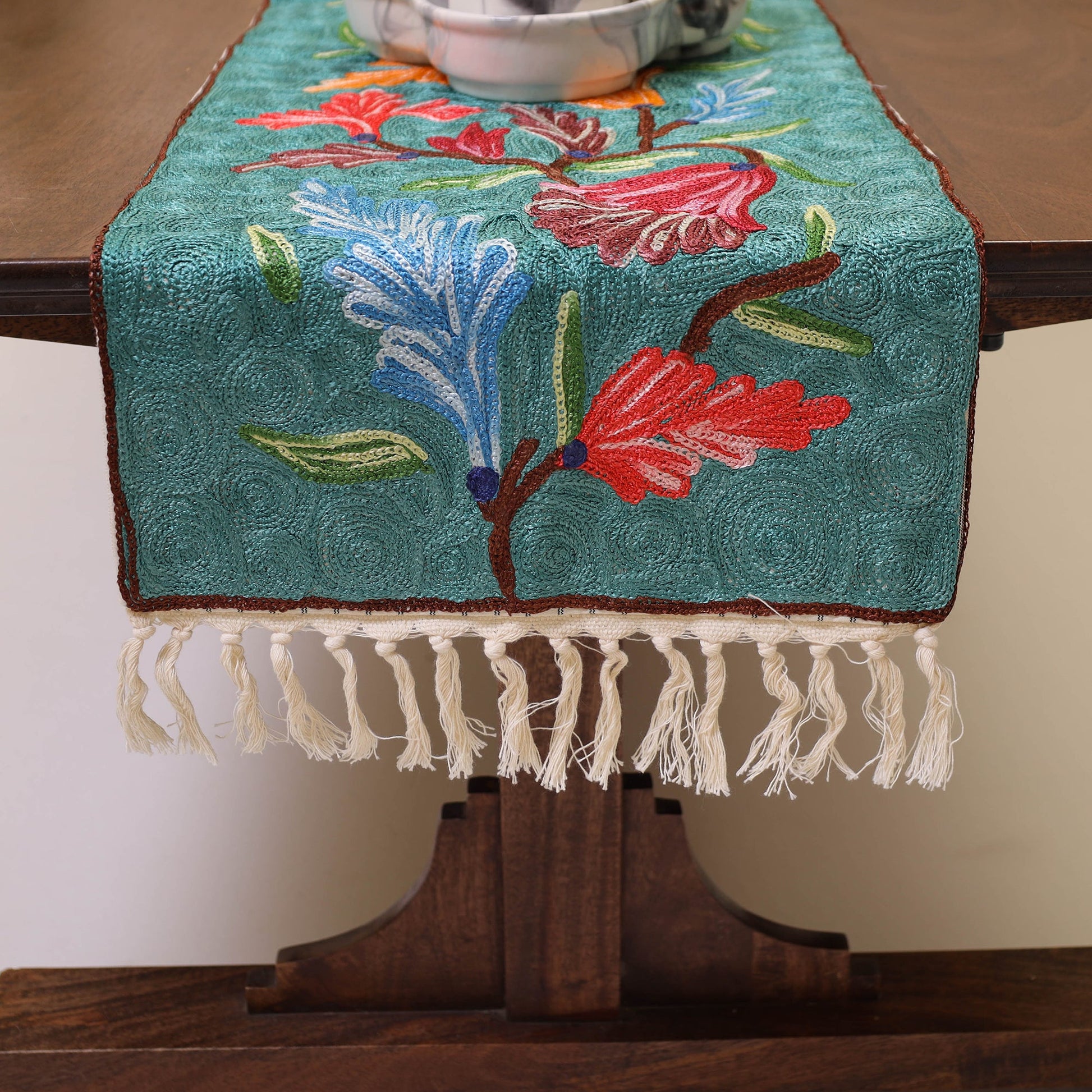 Aqua Blue - Original Crewel Wool Hand Embroidery Table Runner (69 x 12 in) 15