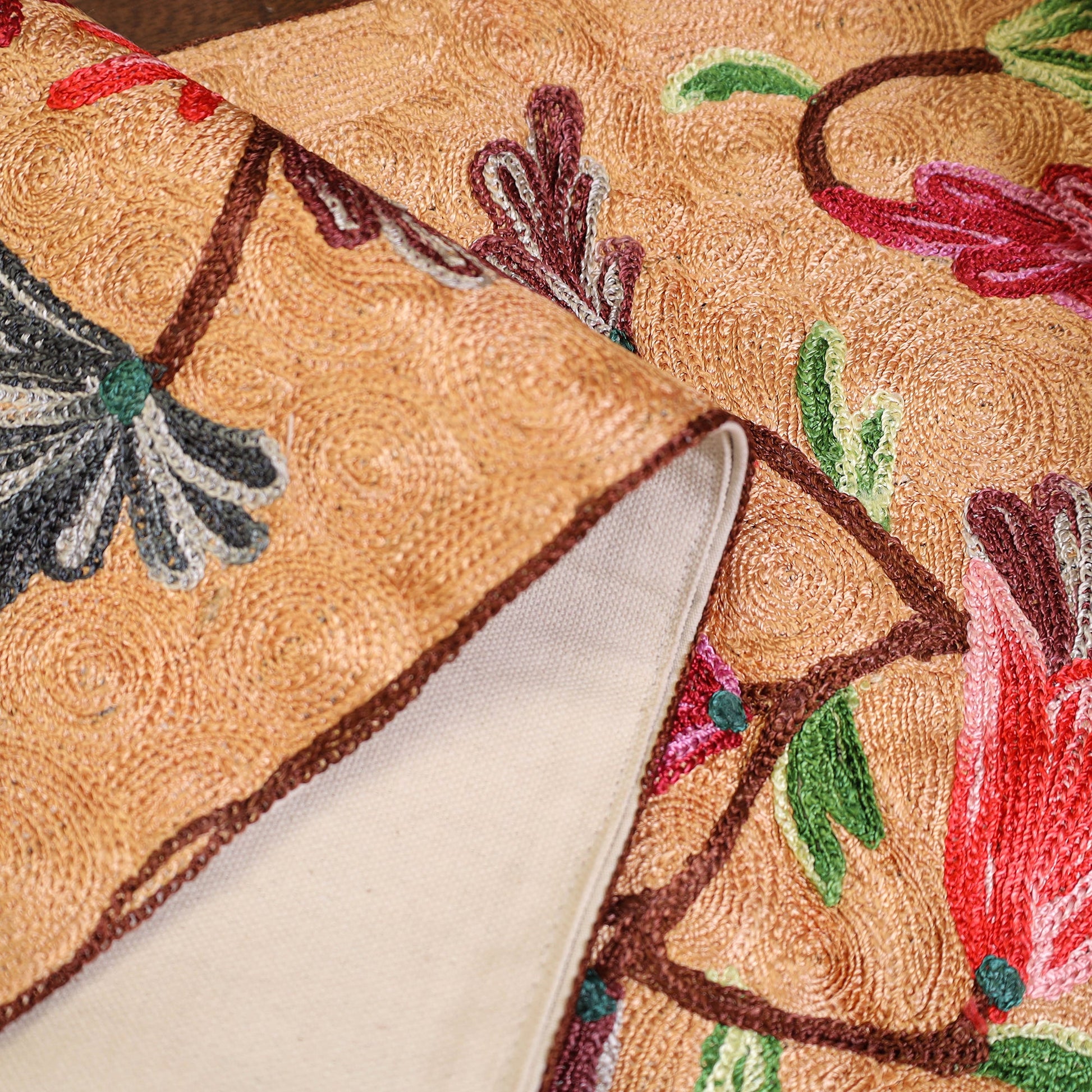 Beige - Original Crewel Wool Hand Embroidery Table Runner (47 x 12 in) 16