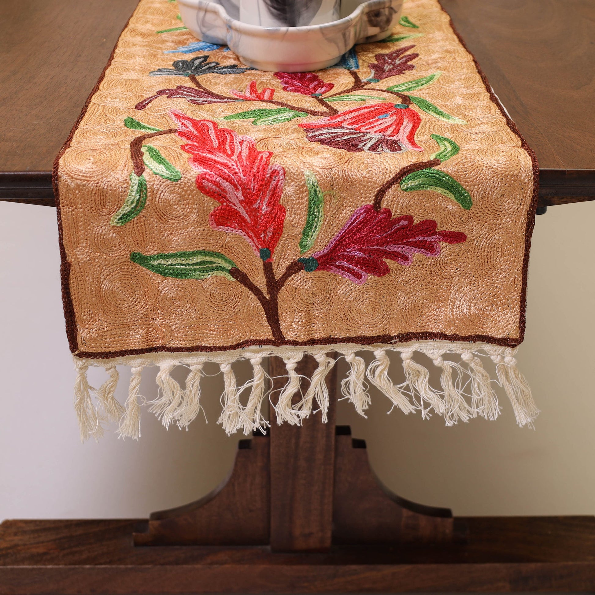 Beige - Original Crewel Wool Hand Embroidery Table Runner (47 x 12 in) 16