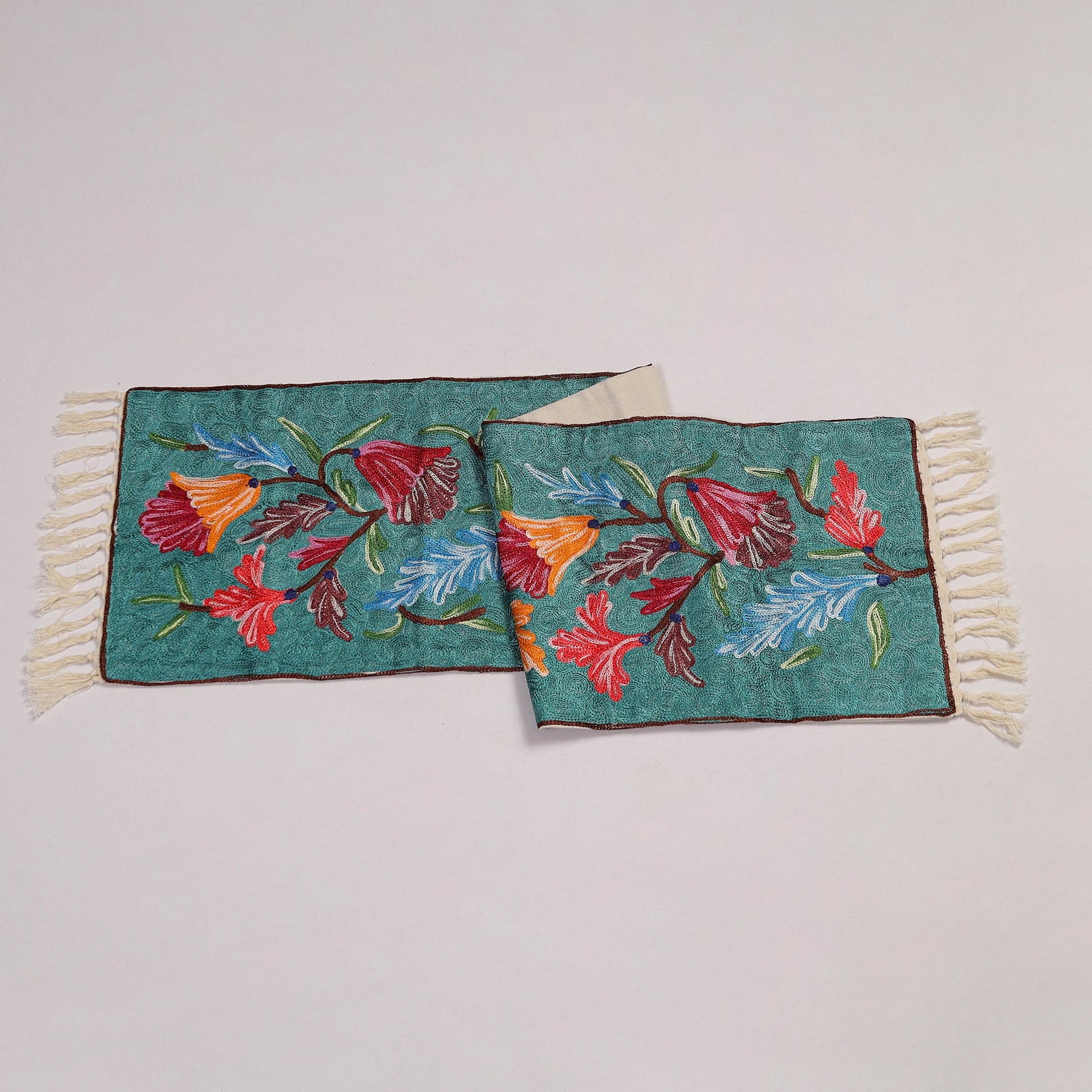 Aqua Blue - Original Crewel Wool Hand Embroidery Table Runner (69 x 12 in) 15