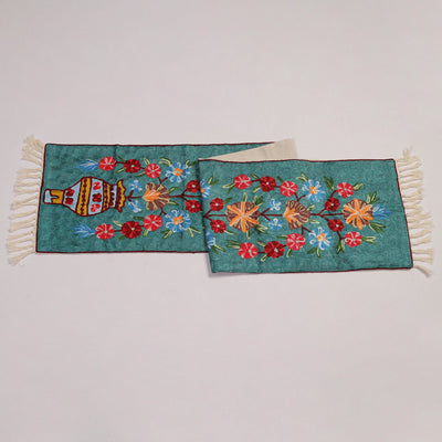 Aqua Blue - Original Mulberry Silk Crewel Hand Embroidery Table Runner (60 x 12 in) 10
