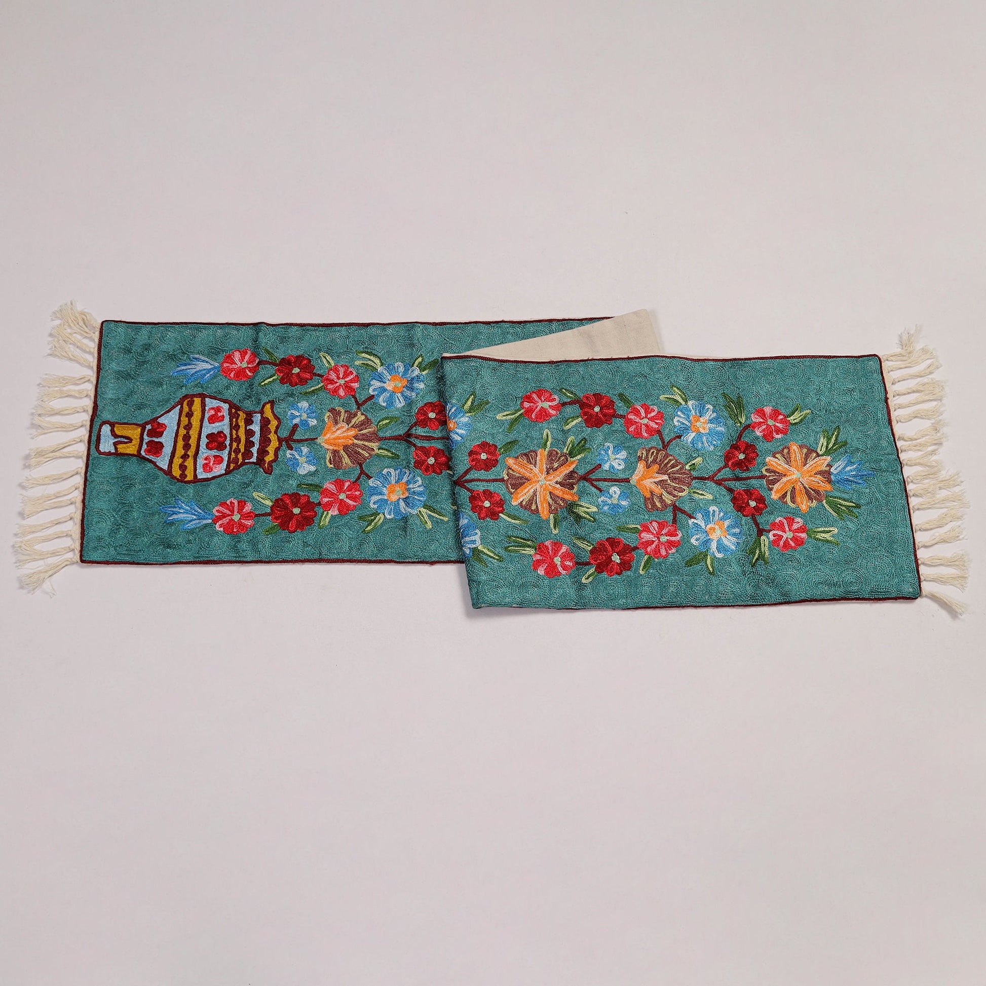 Aqua Blue - Original Mulberry Silk Crewel Hand Embroidery Table Runner (60 x 12 in) 10
