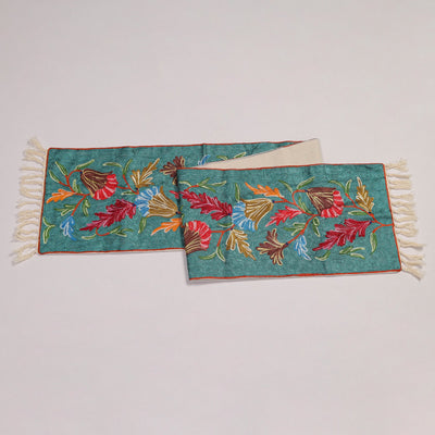 Aqua Blue - Original Crewel Wool Hand Embroidery Table Runner (69 x 12 in) 04