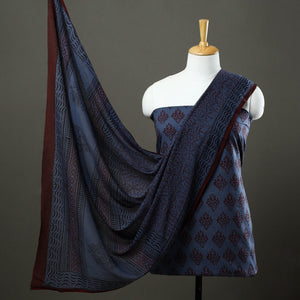 Blue - 3pc Natural Dyed Cotton Bagh Print Dress Material 01