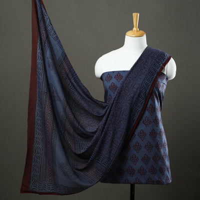 Blue - 3pc Natural Dyed Cotton Bagh Print Dress Material 01