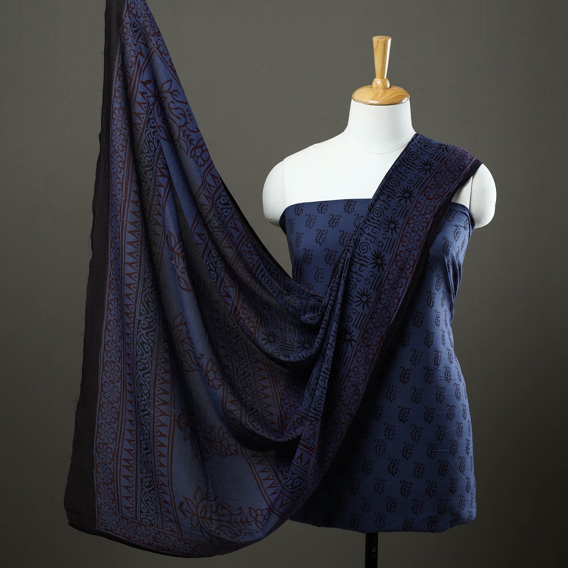 Blue - 3pc Natural Dyed Cotton Bagh Print Dress Material 05