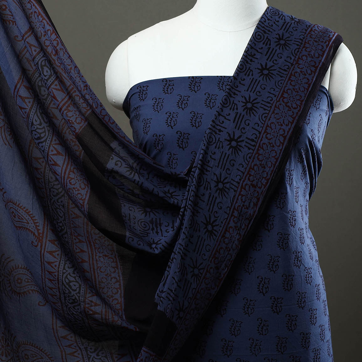 Blue - 3pc Natural Dyed Cotton Bagh Print Dress Material 09