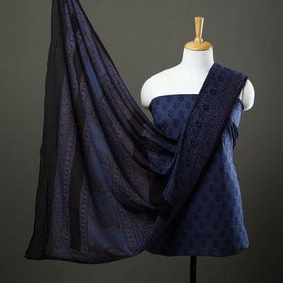 Blue - 3pc Natural Dyed Cotton Bagh Print Dress Material 09