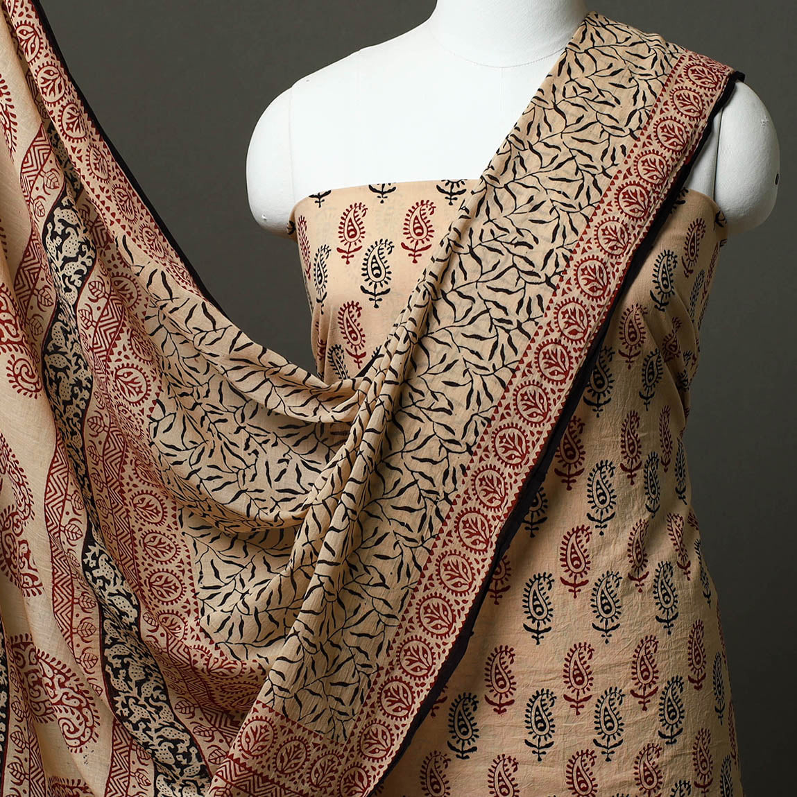 Beige - 3pc Natural Dyed Cotton Bagh Print Dress Material 12