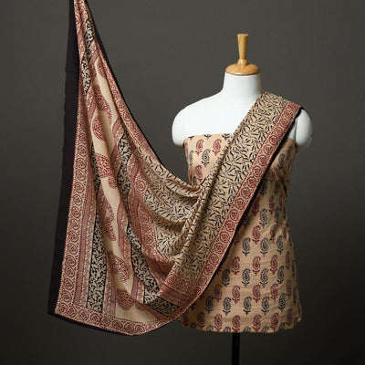 Beige - 3pc Natural Dyed Cotton Bagh Print Dress Material 12