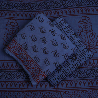Blue - 3pc Natural Dyed Cotton Bagh Print Dress Material 05