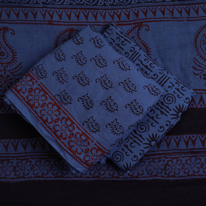 Blue - 3pc Natural Dyed Cotton Bagh Print Dress Material 09