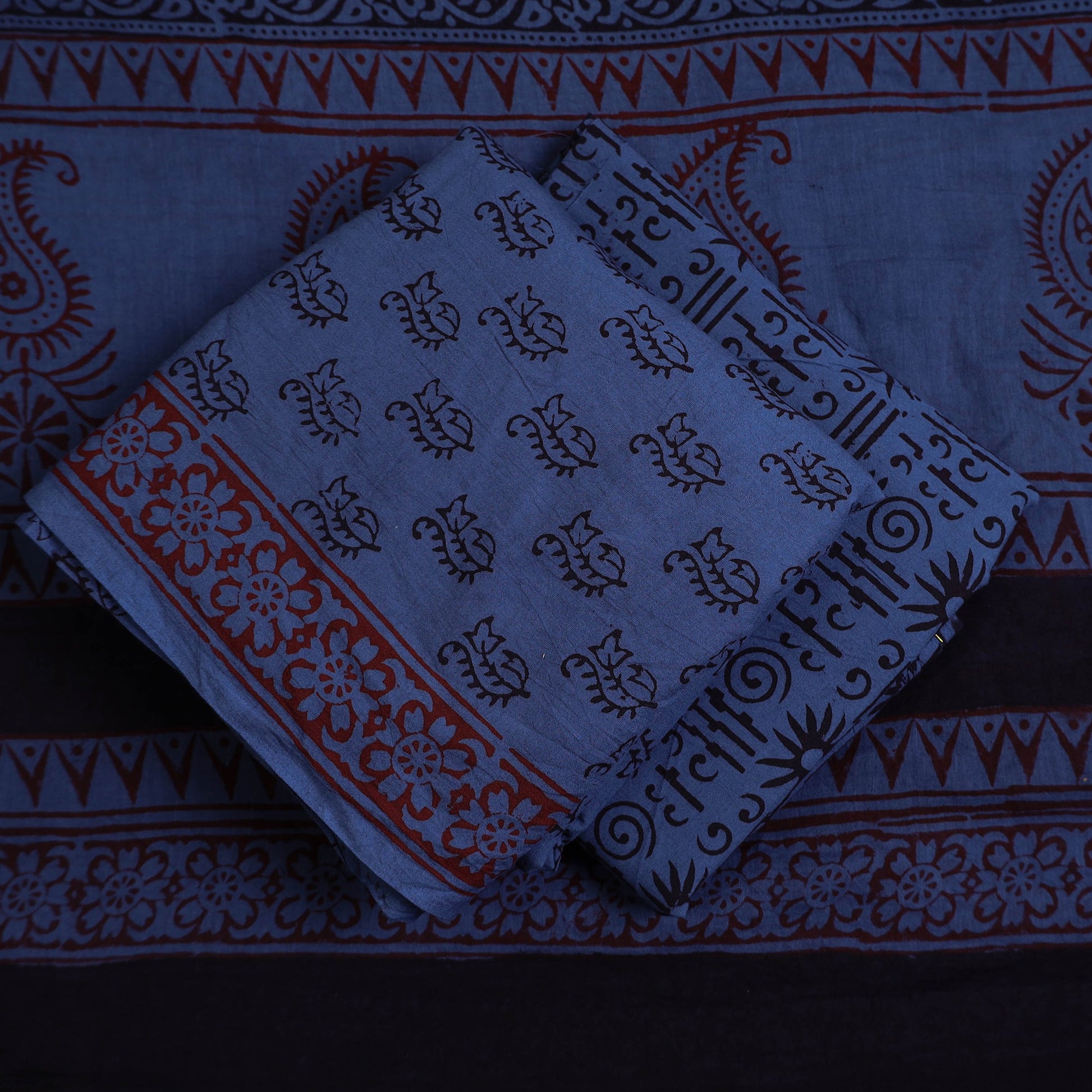 Blue - 3pc Natural Dyed Cotton Bagh Print Dress Material 09