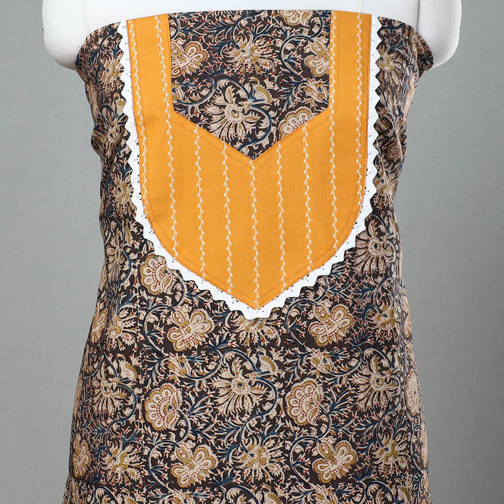 Brown - Kalamkari Print Patchwork Cotton Kurta Material (3m) 09